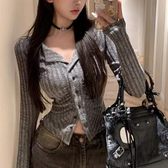 

Нишевый осенний вязаный кардиган с вышивкой - Приталенный топ с длинным рукавом для женщин M 48-54kg