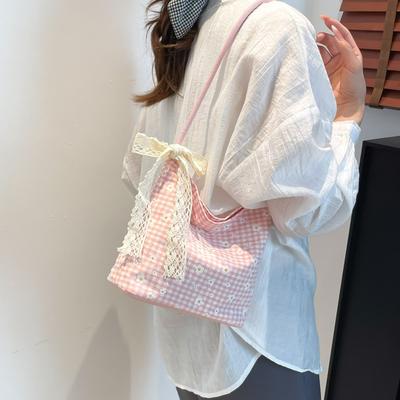 Small Fresh Floral Bow Canvas Bag, Student Large-capacity Class Bag, Casual Shoulder Armpit Bag.