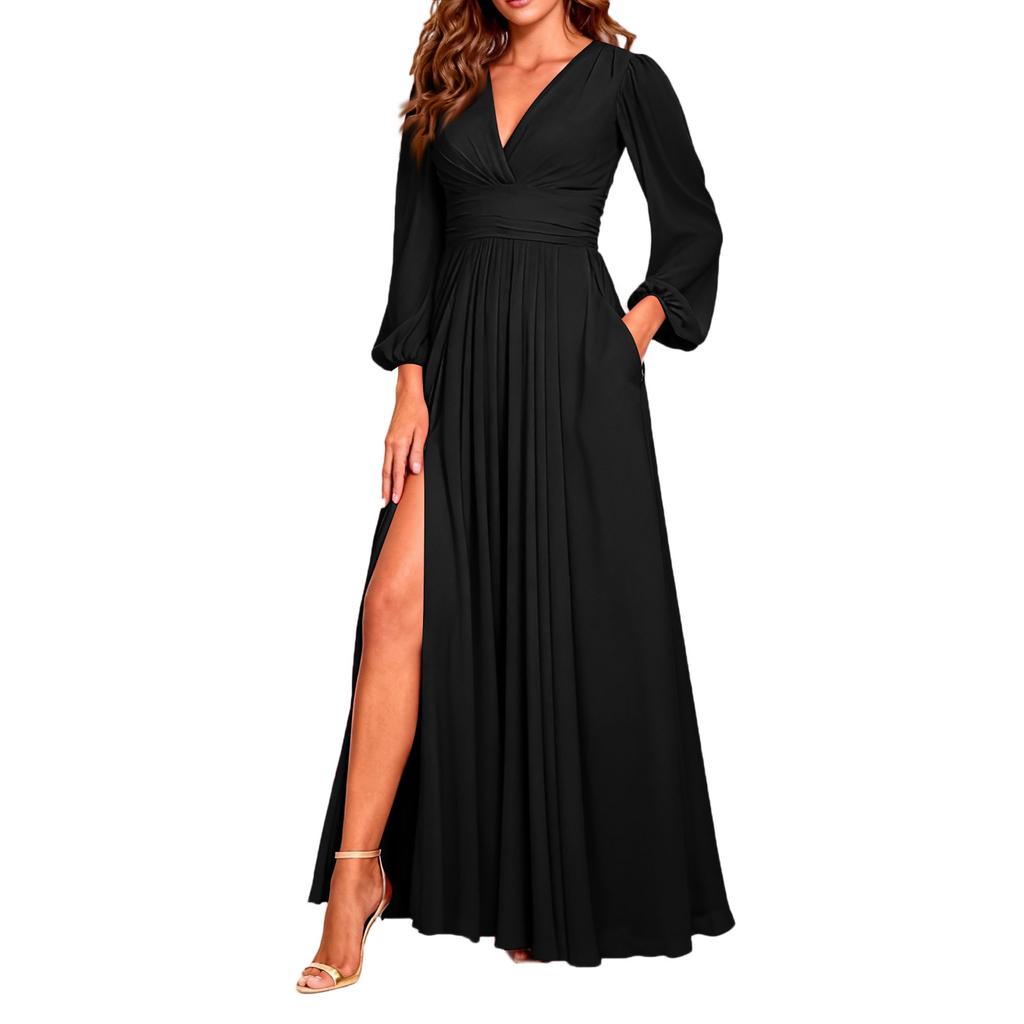 Damen Modisches Und Elegantes Farb V-Ausschnitt Schlitz Langarm Plissiertes Langes Kleid