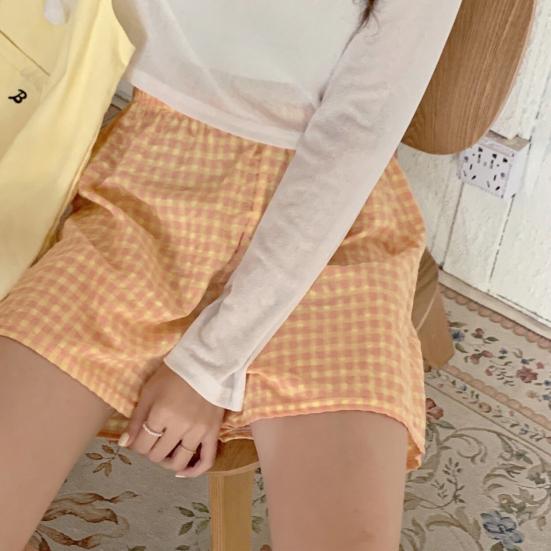 Schlafshorts mit hoher Taille und elastischem Bund, weite Beintaschen, weicher Karomuster, lockere Passform, Pyjama-Shorts, Homewear