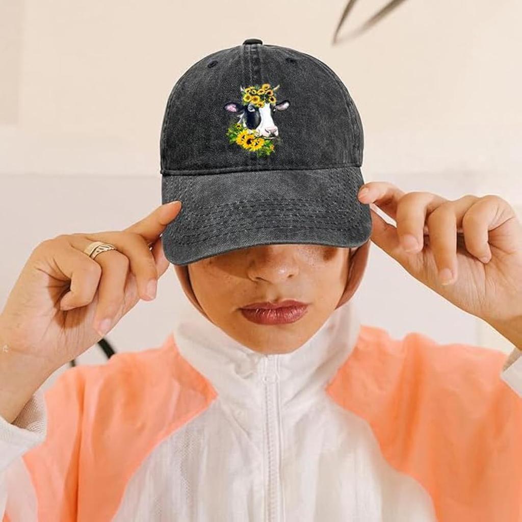 Kuh Sonnenblume Floral Baseballkappe Vintage Gewaschener Denim Verstellbar Lässige Mütze Unisex Erwachsene