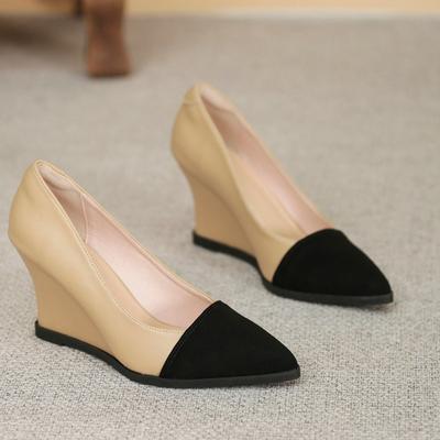 Women Leather Pointed Toe Wedges High Heel 5cm-8cm Slip On Comfortable Soft Sole Work Shoes Wide Heels Women Pumps Women Shoes