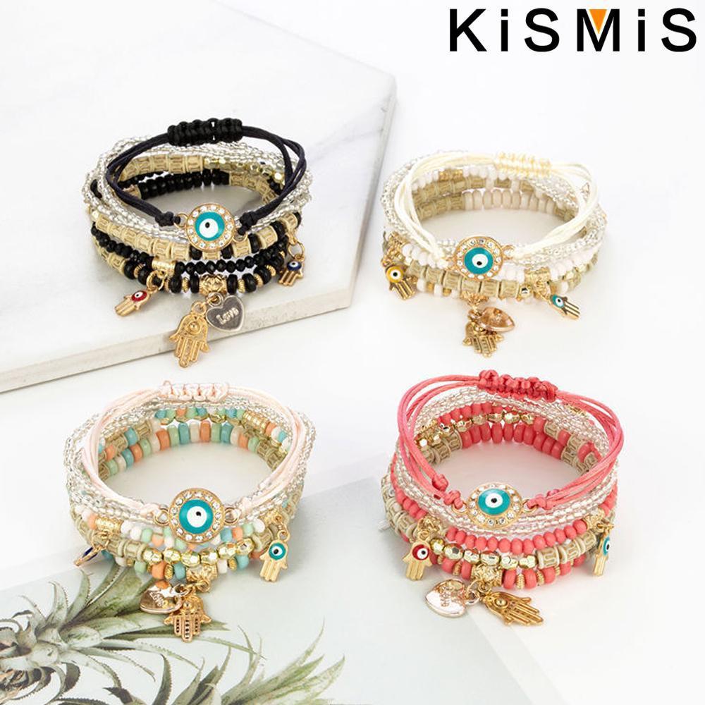 6Pcs Bohemian Stretch Beaded Bracelets Multi Layer Evil Eye Hand Bracelet Stackable Handmade Jewelry Accessories