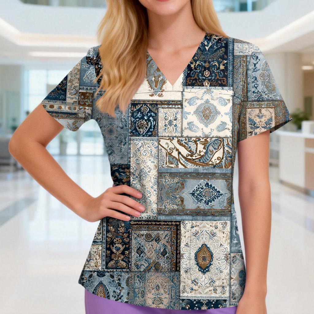 Damen V-Ausschnitt Drei-Taschen Kurzarm Retro-Print Uniform/Pflegekraft Oberteil Mit Schlitzen Am Saum