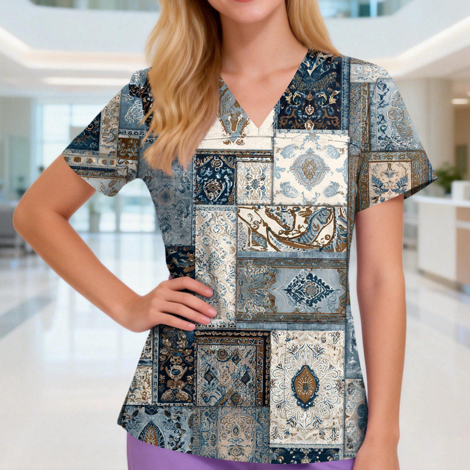 

Жіночий топ ретро-принт, з V-подібним вирізом, трьома кишенями, коротким рукавом, для медперсоналу/доглядальниці, з розрізами по низу XL білий