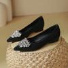 2025 New Fashionable Colored Rhinestone Pointed Head Shallow Mouth Single Shoes Women's Thick Heel Soft Leather Not Tired Feet Comfortable Low