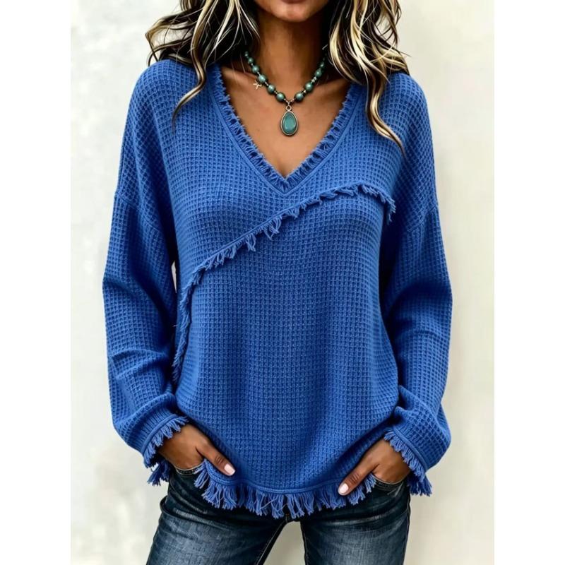 Women S Casual V Neck Long Sleeve Solid Color Shirt