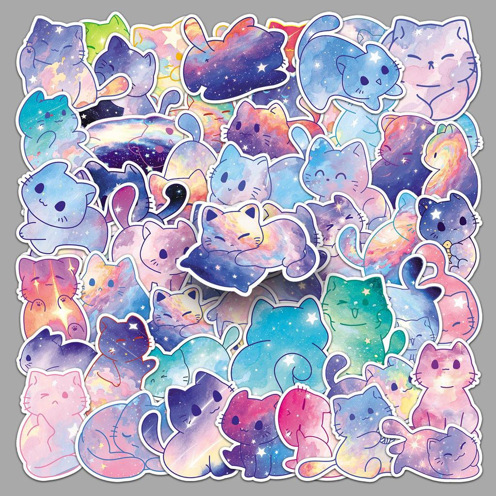 50 Sheets Starry Sky Cat Graffiti Stickers: Hand-Painted Watercolor Kittens for Water Bottles & Journals
