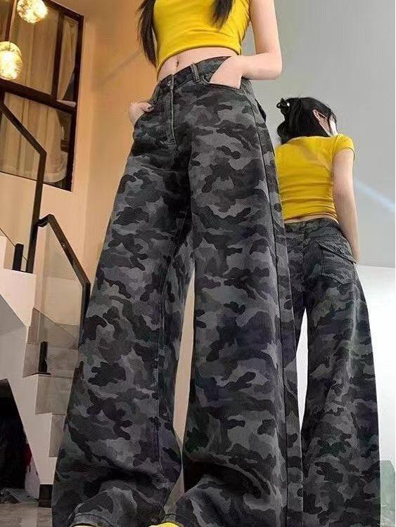 Spring Women's Plus Size American Camouflage Loose-Fit High-Waisted Wide-Leg Jeans