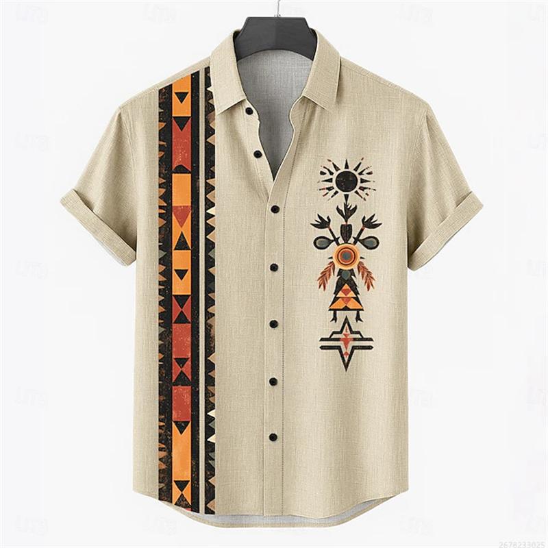 Men's Retro Style Casual Shirts Men's Tops with Tribal Prints, Short-sleeved Casual Beach Shirts, Hawaiian Style Shirts