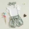 Summer Fashion Toddler Baby Girls Clothes Sets Short Sleeve Ribbed Romper Belted Print Shorts Headband 3pcs Clothes