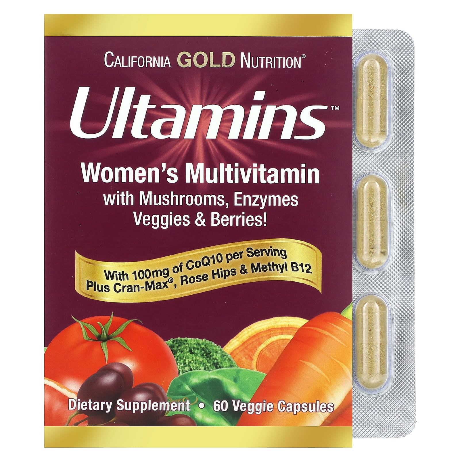 

California Gold Nutrition, Жіночий мультивітамінний комплекс Ultamins з CoQ10, з грибами, ферментами, овочами та ягодами, 60 вегетаріанських капсул