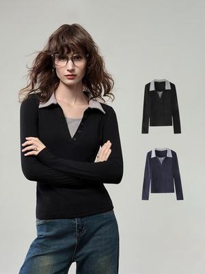 Automne 2025 T-shirt à manches longues pour femme avec col rabattu, look deux pièces amincissant colorblock