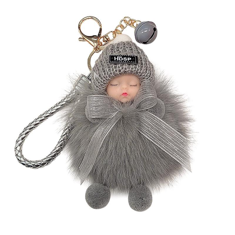 Korean Bow Keychain: Squinting Doll with Fox Fur Pendant - A Unique Japanese and Korean Gift