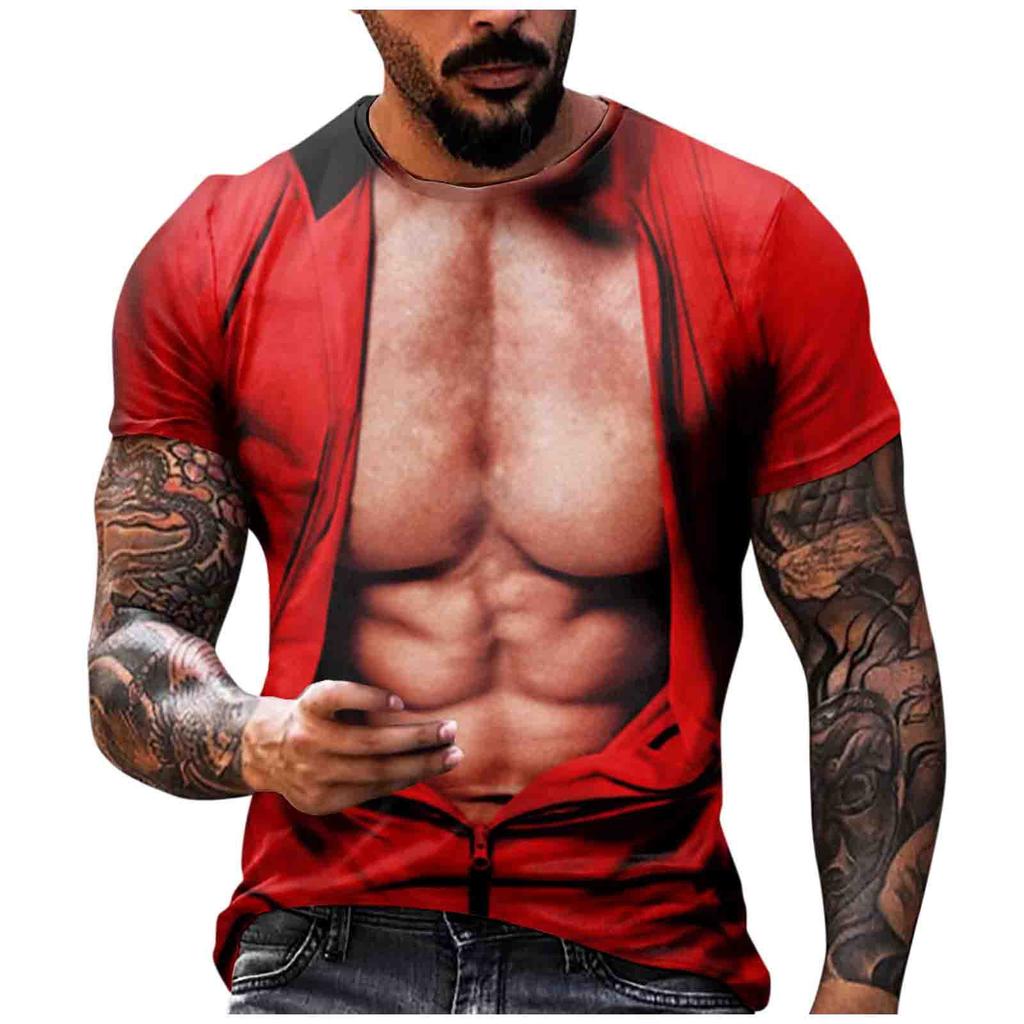 T-shirt Homme Muscle Manches Courtes Impression 3D Drôle - Coupe Ventre Nu Décontracté - Tendance Fantaisie
