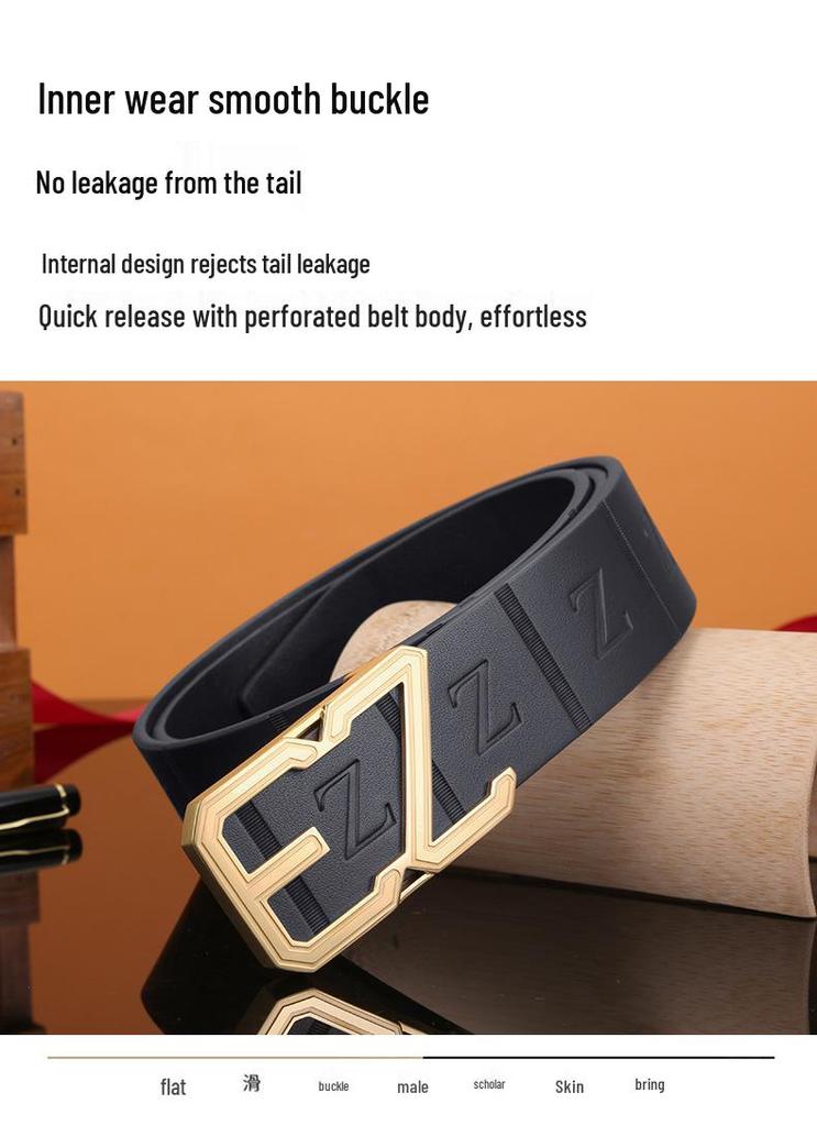 Men's Stainless Steel Z Letter Belt, Genuine Leather, Smooth Buckle, Top Layer Cowhide, Trouser Belt