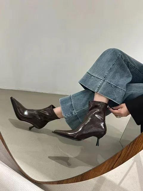 Spring Women's Pointed Toe High-heeled Short Boots with Stiletto Heelsoptional Fleece Lining Medium-heeled Fashion Women's Boots