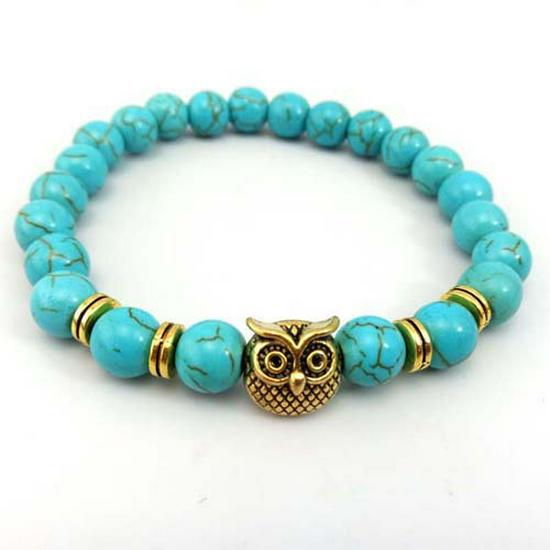 European & American Volcanic Stone Bracelet with Tiger Eye, Blue Turquoise Beads, and Owl Alloy Charm