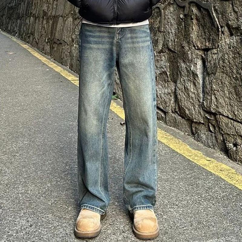 Retro Blaue Lockere Amerikanische High Street Jeans Frühling Herbst Gerade Herrenbekleidung Modische Basic Mittlere Taille Lässige Hose