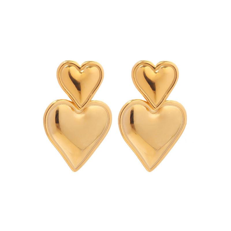Vintage 18K Gold Plated Stainless Steel Double Heart Shaped Drop Earrings for Women Fashion Jewelry Gift
