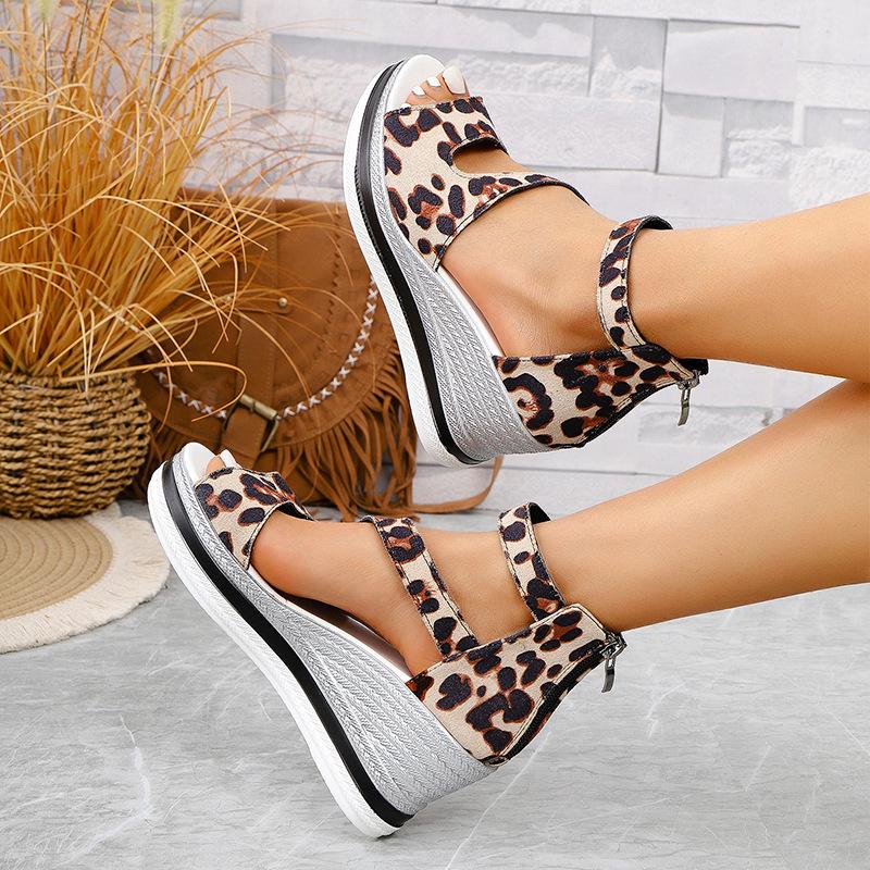 Leopard print large size wedge sandals European and American summer new fish mouth word with sandals