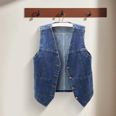 Women Denim Vest with Pockets Sleeveless Buton-down Loose Solid Color Cardigan V Neck Urban Style Waistcoat for Outdoor Travel Commuting