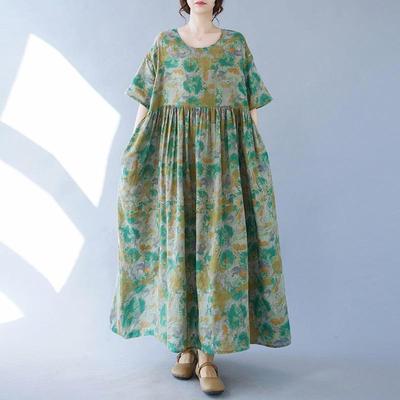 Short Sleeve Plus Size Cotton Vintage Floral New In Dresses for Women Casual Loose Long Summer Dress