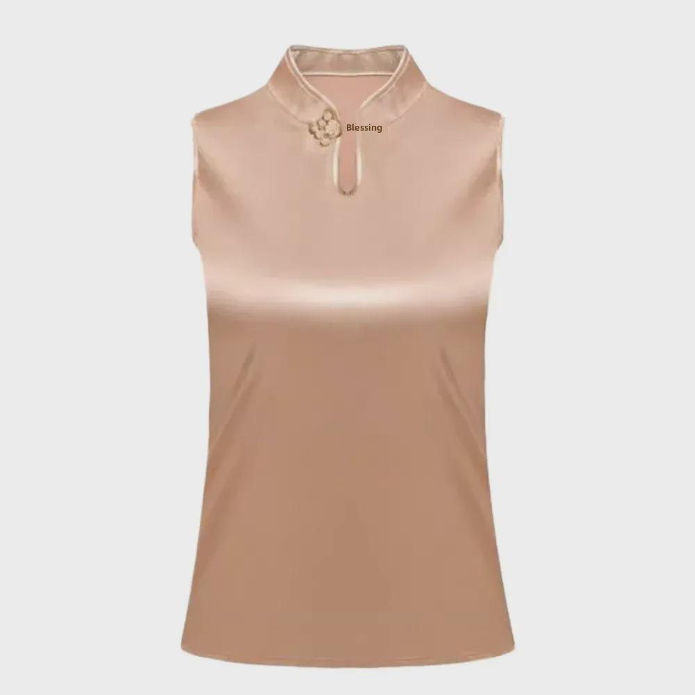 2024 Summer Women's Satin Camisole with Stand-up Collar & Frog Button - Chinese National Style