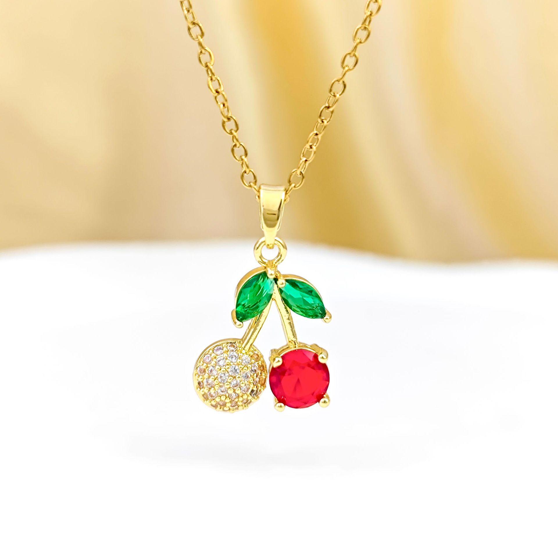 

Sweet Little Cherry Micro-Inlaid Necklace: Elegant, Luxurious & Versatile Cherry Collarbone Chain for Women.