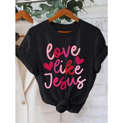 Women's "Love Like Jesus" Heart Print T-Shirt Black Crew Neck Short Sleeve Casual All Season Tee