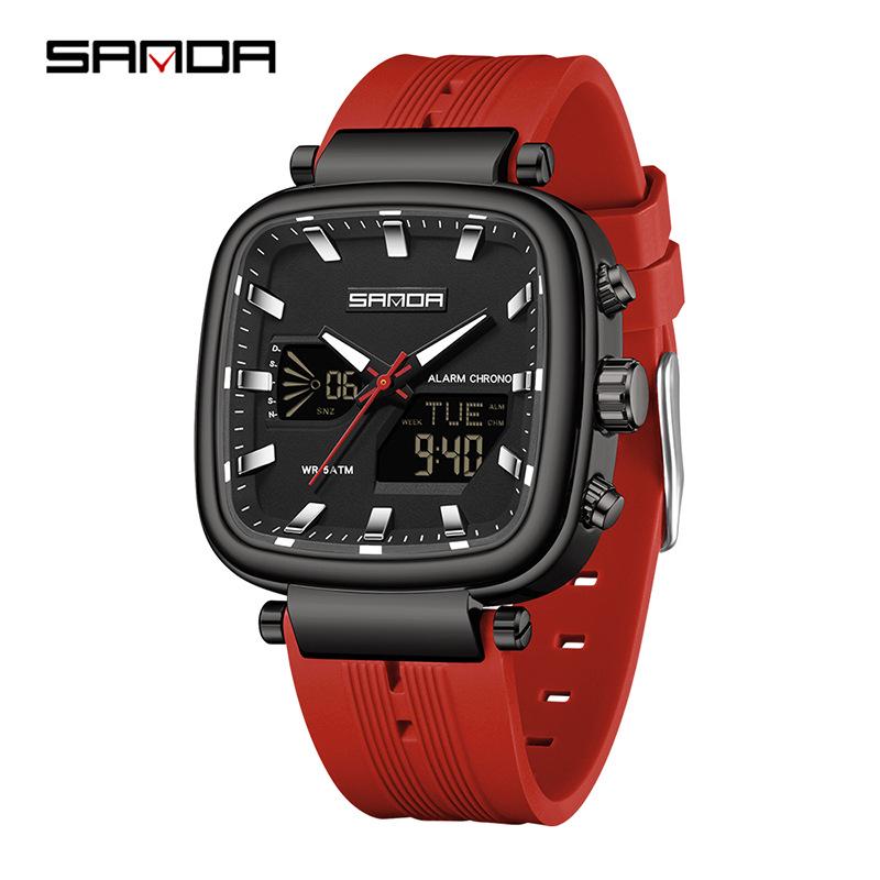 Sanda Unisex Trendy Square Watch: Multifunctional, Waterproof, Dual Display, Sports/Calendar Features, Casual Men's Electronic Wristwatch.