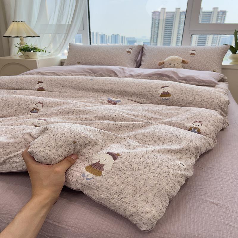 Tištěná čtyřdílná sada na postel, Měkká a zesílená, šetrná k pokožce, Praná povlečení na přikrývku, Sada prostěradel