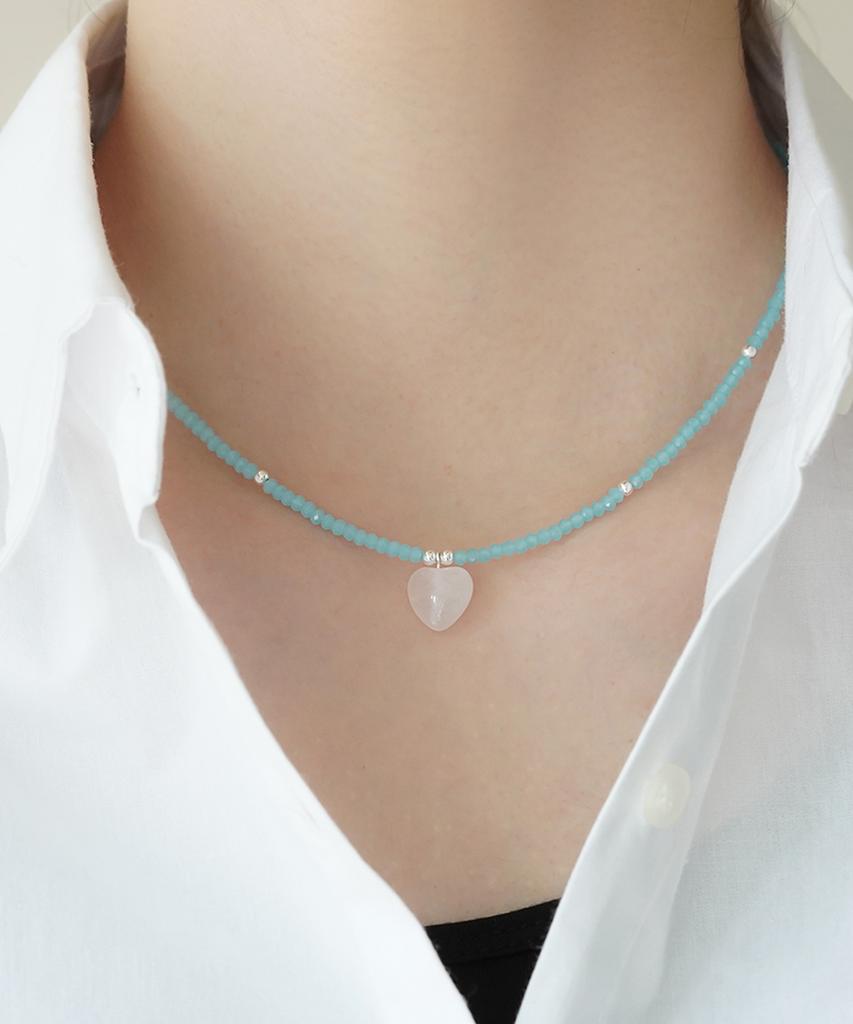 Alleun Silver 925 Heart Rose Quartz Natural Stone Pendant Silver Necklace