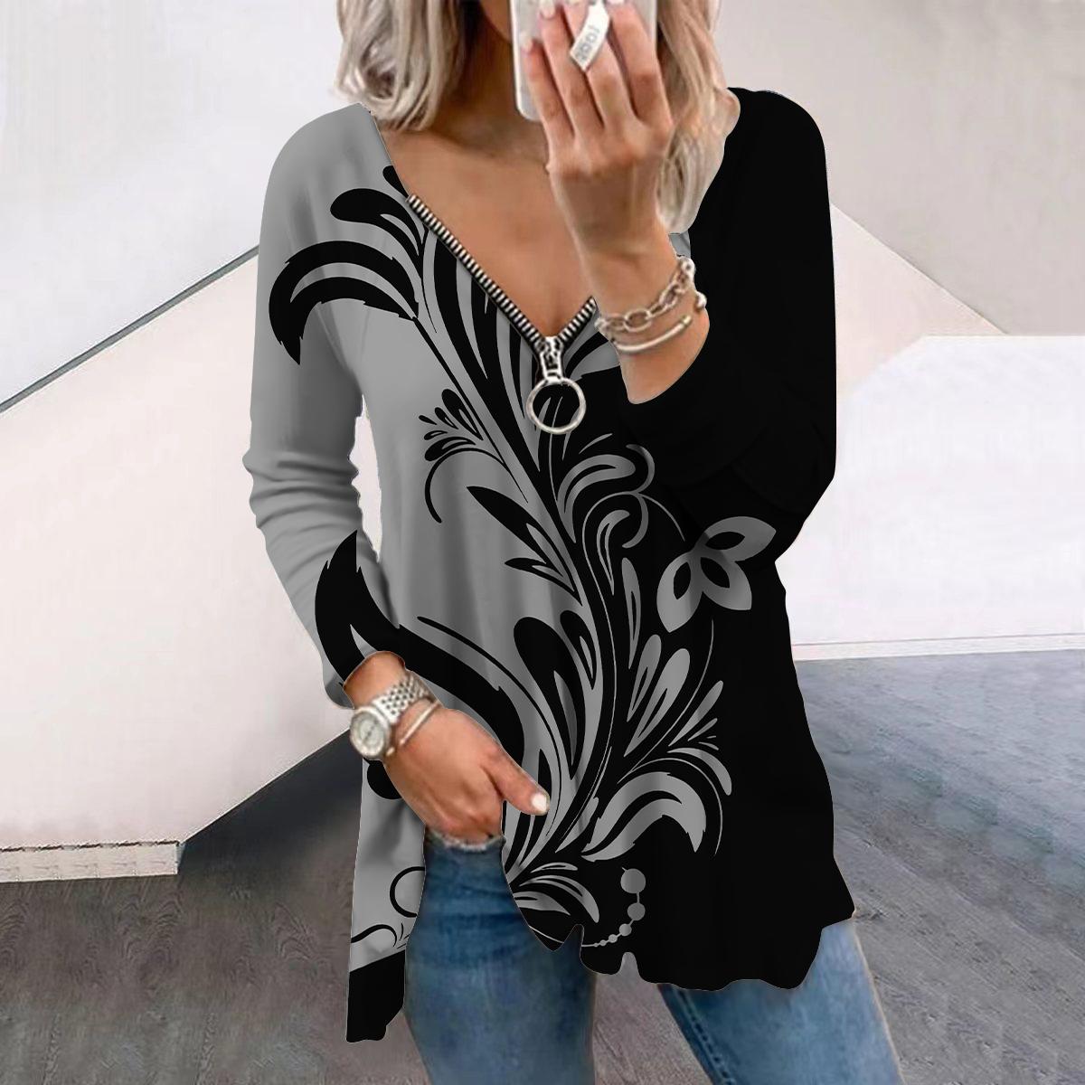 

Женские осенние европейские классические футболки с длинным рукавом с принтом, свободные футболки с V-образным вырезом больших размеров, удобные блузки 8XL