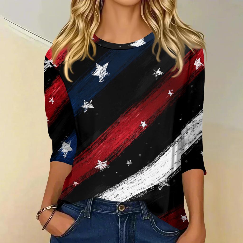 Women's fashionable casual round neck three-quarter sleeve Independence Day printed T-shirt top