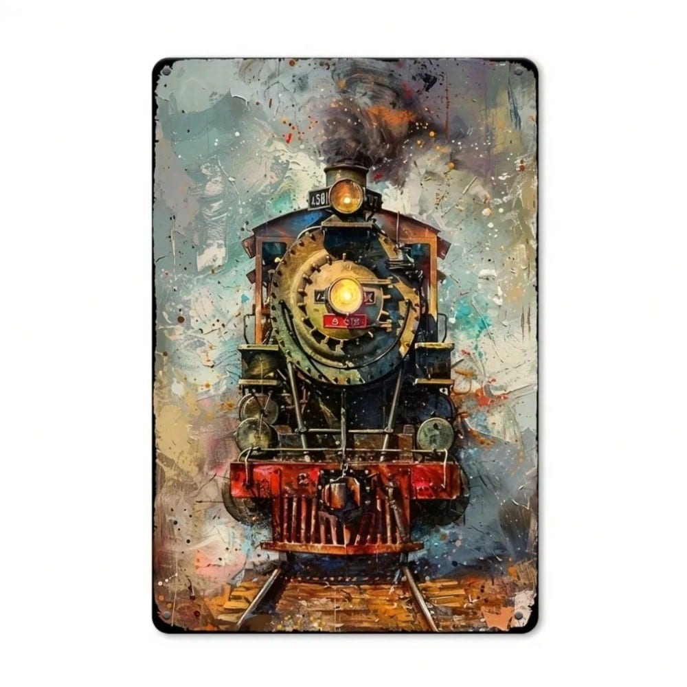 Vintage Metal Sign Wall Decor,Steam Train Watercolor Art Waterproof Home Bathroom Kitchen Bedroom Living Room Decor