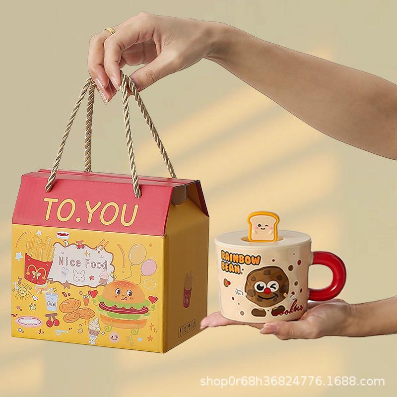 Cute Ceramic Cup Household Mug with Lid Spoon Cartoon Water Cup Female Student Dormitory Breakfast Milk Coffee Cup