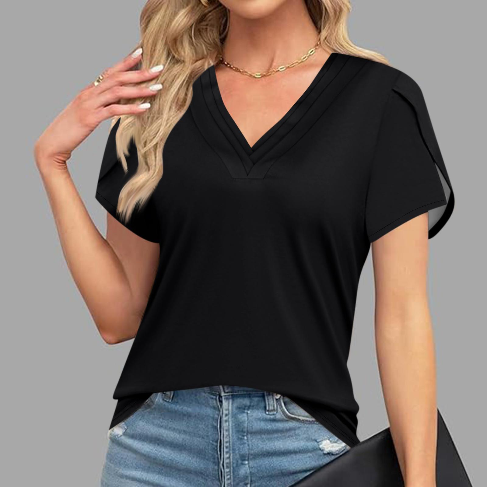 

Блузки для женщин. Нарядные повседневные модные однотонные футболки в стиле ретро. Уникальный дизайн. Большие футболки с v-образным вырезом. L чёрный