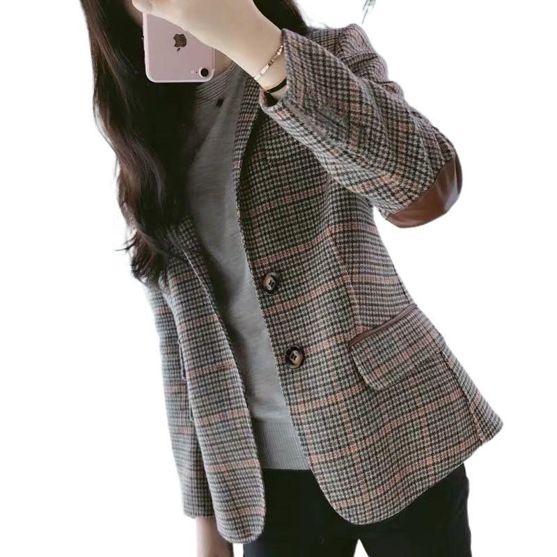 2024 Spring/Autumn Women's Plus Size Retro Plaid Wool Blazer – Short Korean Style Suit