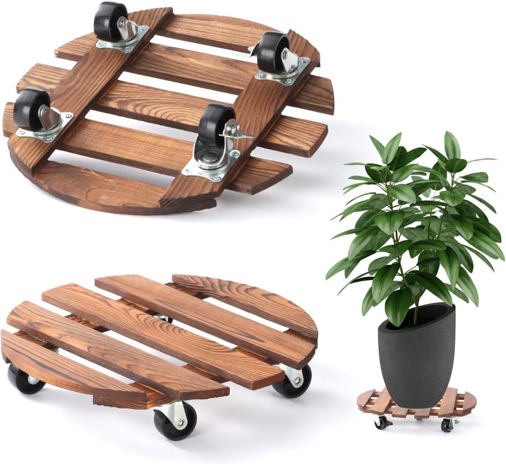 Plant Caddy with Wheels Rolling Plant Stand 220LB Heavy Duty Wooden Round Pot Trays with 360° Meta Wheels Flower Pots Dolly