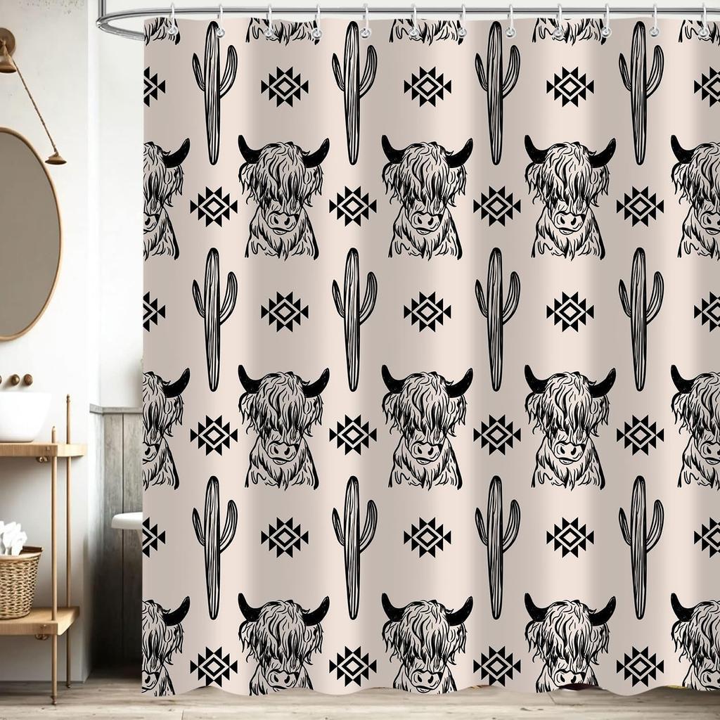 Cute Highland Cow Shower Curtain, Cactus Western Aztec Cattle Farm Animal Southwest Boho Bohemian Bathroom Curtains, Waterproof