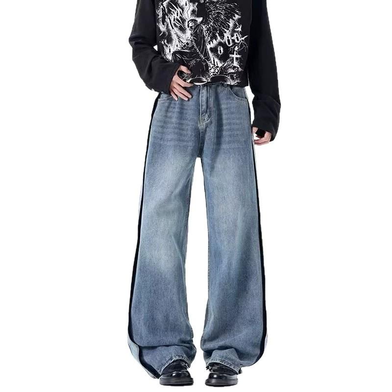 American retro splicing jeans men's and women's spring and autumn washed white narrow straight-leg pants loose and thin casual trousers