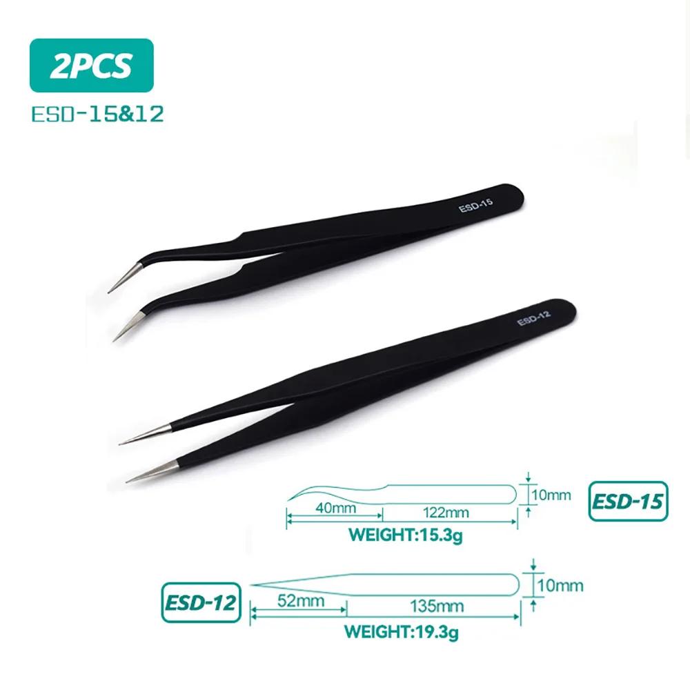 2/6pcs Precision Tweezers Set ESD Anti-Static Stainless Steel Tweezers Repair Tools for Electronics Repair Soldering Craft Tools
