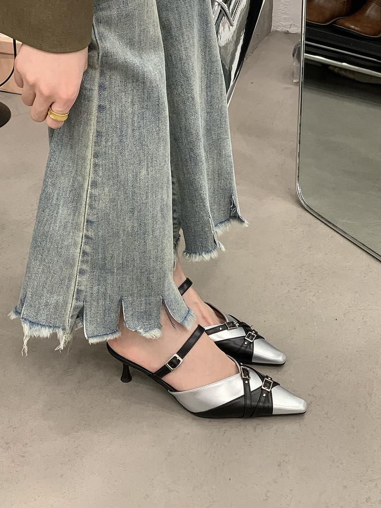 Fashion Black Silver Women Sandals Slides Slippers Summer Outside Party Dress Shoes Woman Thin High Heels Bow Design Slip On Sexy Office