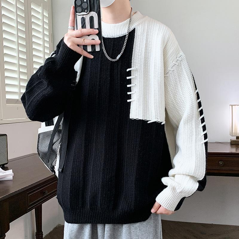 Hot-selling model, fashionable contrasting splicing sleeve, thickened crew neck sweater for men