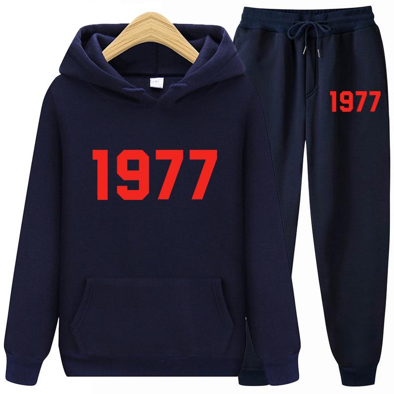 1977 Hoodie Two-Piece Sets Hoodie Set Men and Women Fashion Brand High Street Loose Fleece Autumn Winter Warm Hoodies+Pants Set