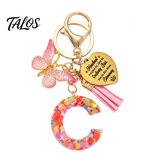 Talos Keychain Pendant, Sequins Initial Letter Charm Key Chain with Butterfly Tassel Stainless Steel Heart Design, A-Z Holder for Bag Purse Backpack