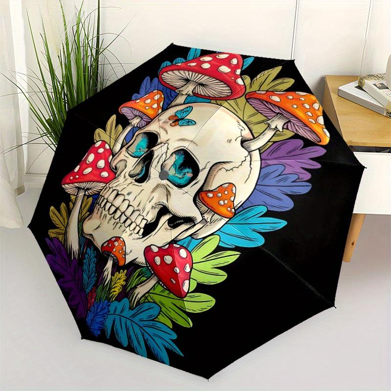 1pc Mushroom Skull Automatic Open/close Umbrella, 8-Rib sturdy structure, Portable Travel Umbrella, Parties, Everyday Use, 11157