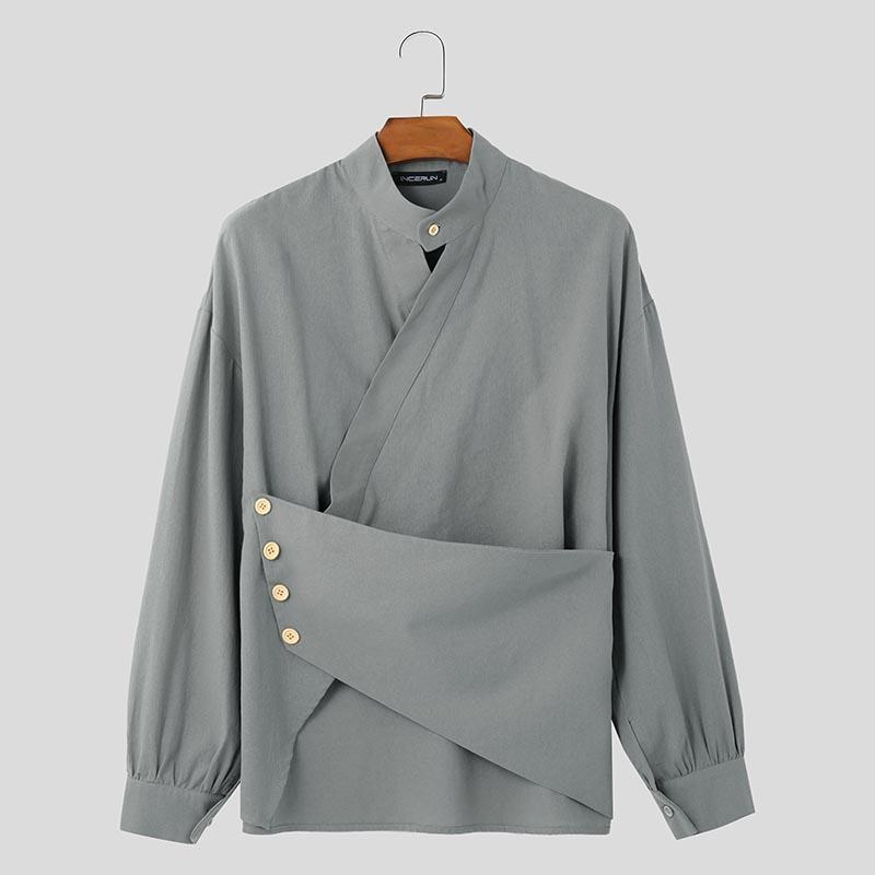 

INCERUN Мужские Топы и рубашки с длинным рукавом, спереди крест-накрест, повседневные, асимметричные серый