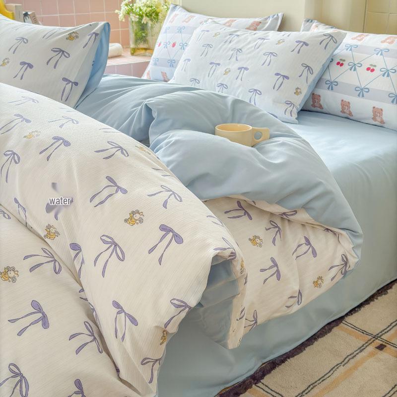 Class A Fresh Four-Piece Set: Washed Cotton Bed Sheet & Duvet Cover with Double Layer Gauze - Home Bedding Collection